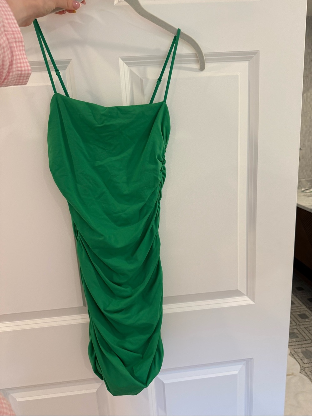 Babaton Green Ruched Spaghetti Strap Mini Dress